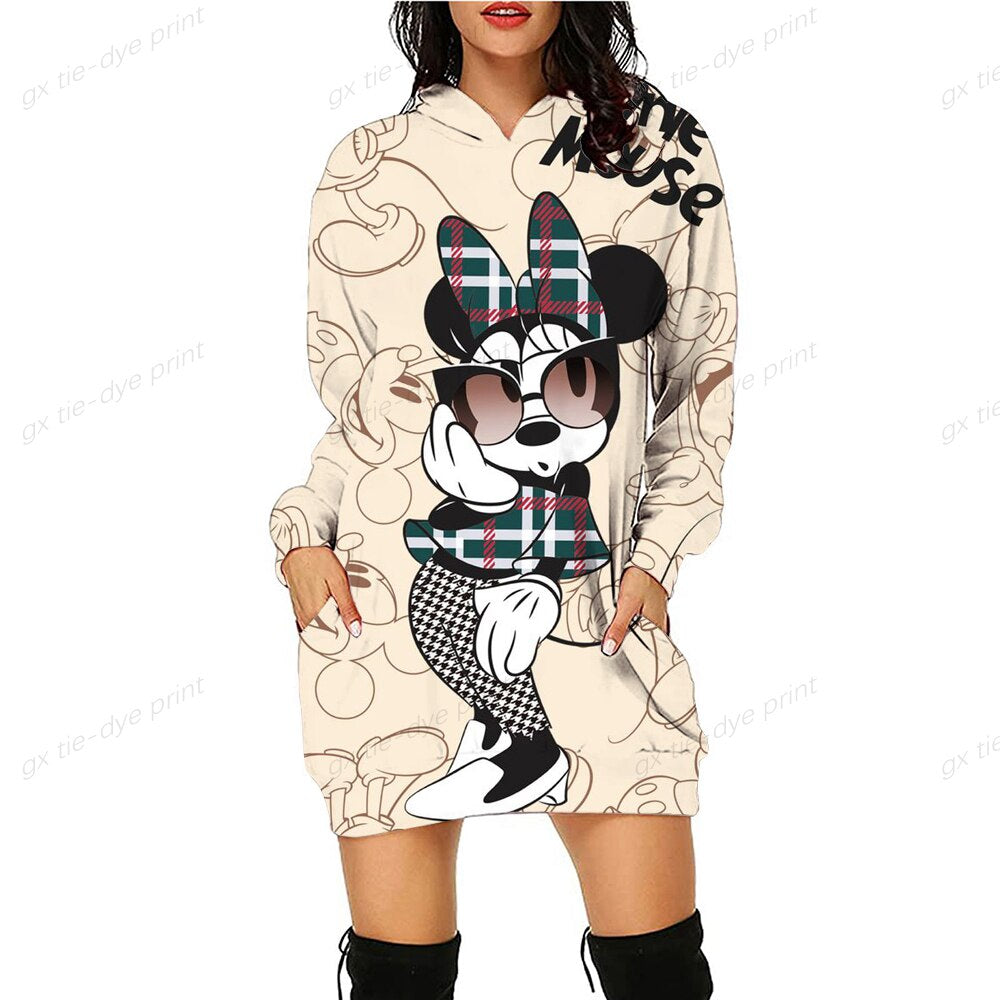 Minnie Mickey Mouse Women'S Dress 3D Dye Print Fashion Fall Winter Hoodie Casual Sexy Dress Loose Cartoon Kawaii Dress