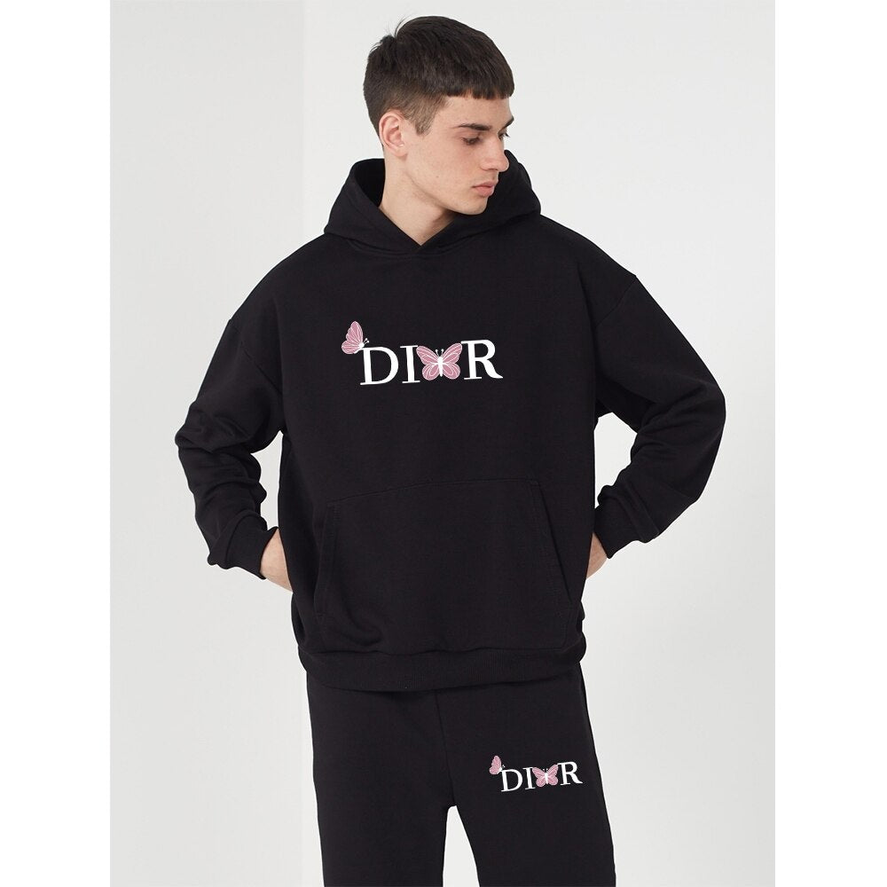 Couple Winter Butterfly Letter Printed Hoodie Tracksuit Men Women Elegant Brand Sweatshirt and Pants Fleece 2 Pic Set Clothing