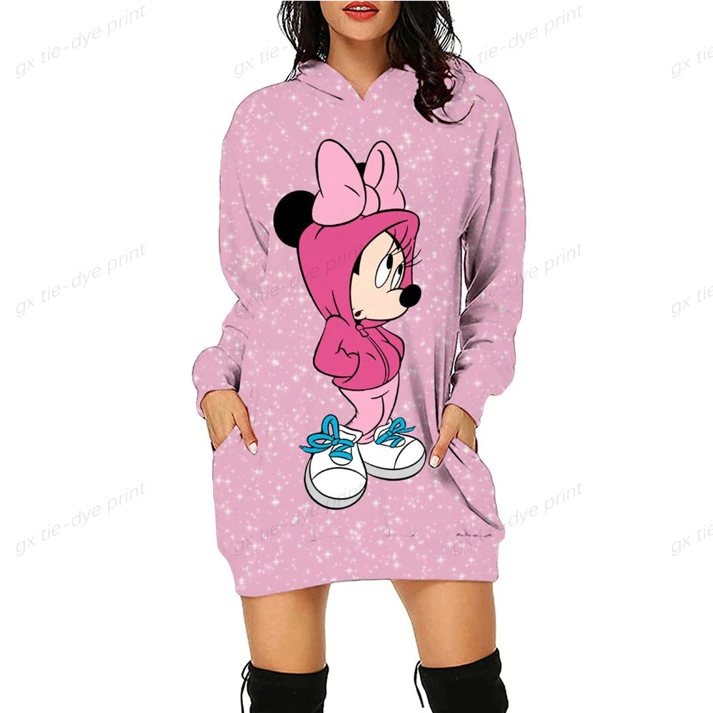 Minnie Mickey Mouse Women'S Dress 3D Dye Print Fashion Fall Winter Hoodie Casual Sexy Dress Loose Cartoon Kawaii Dress