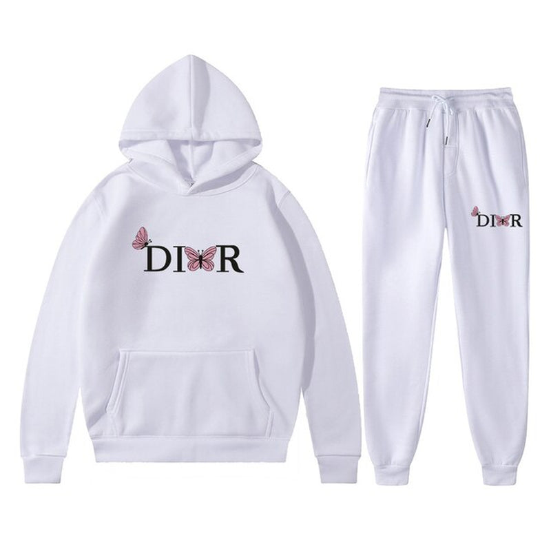 Couple Winter Butterfly Letter Printed Hoodie Tracksuit Men Women Elegant Brand Sweatshirt and Pants Fleece 2 Pic Set Clothing