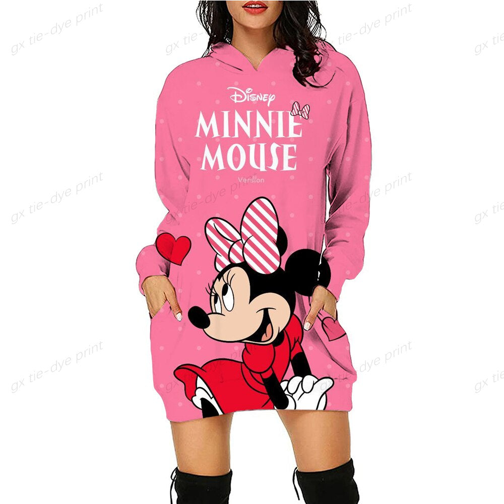 Minnie Mickey Mouse Women'S Dress 3D Dye Print Fashion Fall Winter Hoodie Casual Sexy Dress Loose Cartoon Kawaii Dress