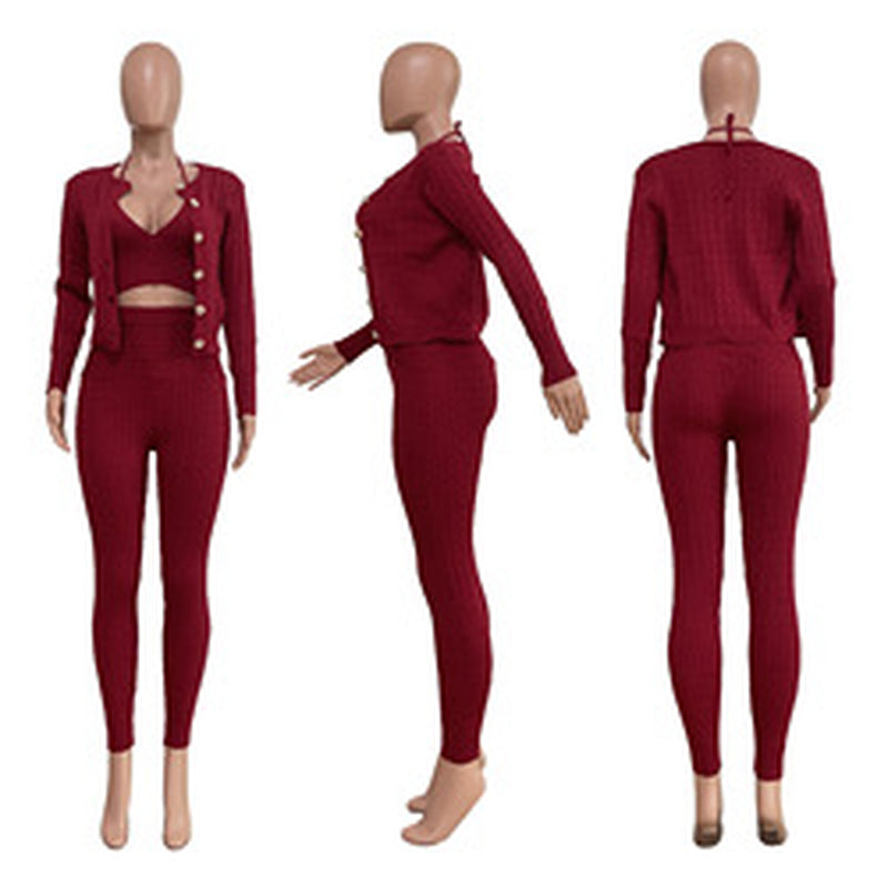 GX223 Female Autumn Winter Crop Top and Jacket with Pant 3 Piece Set Elegant Knit Sweater Casual Women Matching Suit