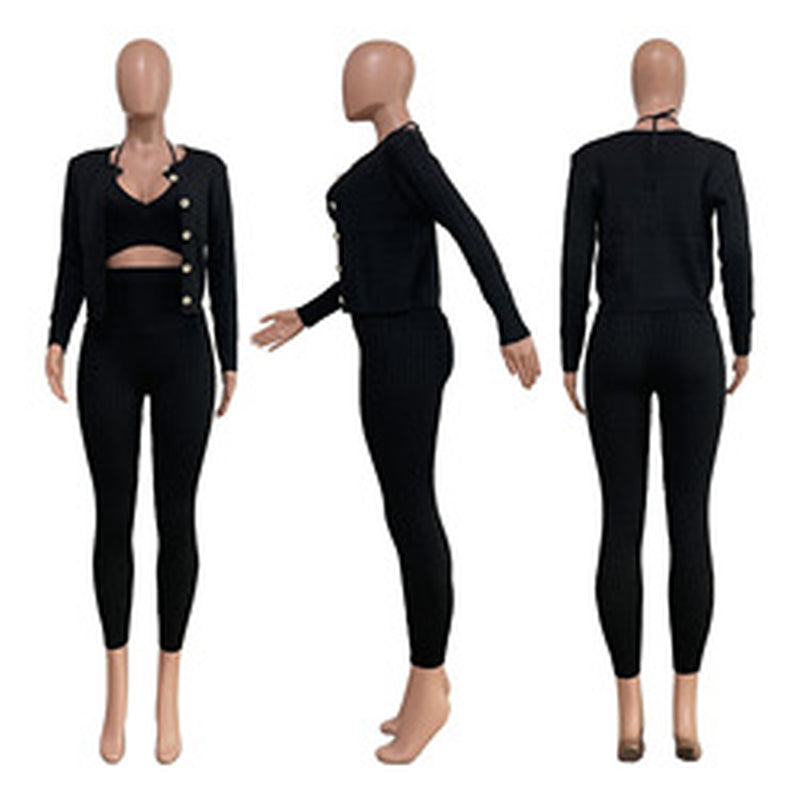 GX223 Female Autumn Winter Crop Top and Jacket with Pant 3 Piece Set Elegant Knit Sweater Casual Women Matching Suit