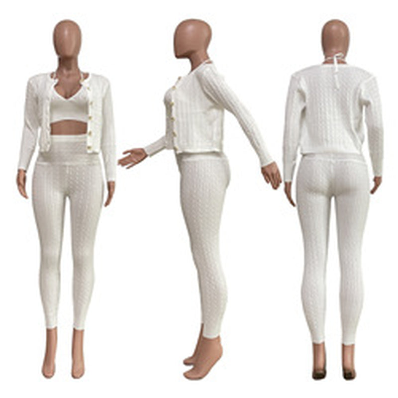 GX223 Female Autumn Winter Crop Top and Jacket with Pant 3 Piece Set Elegant Knit Sweater Casual Women Matching Suit