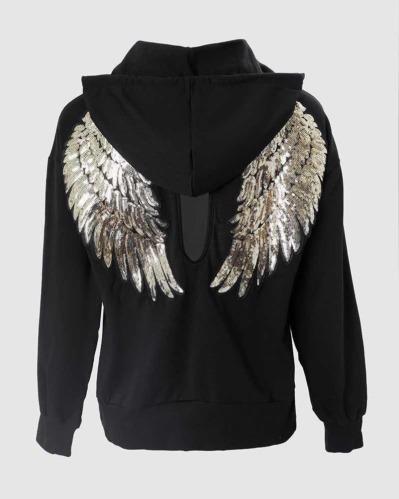 Women Sweatshirt Pullover Long Sleeve Fashion Sequin Wing Pattern Cutout Hooded Top Casual Hoodie Sweatshirts