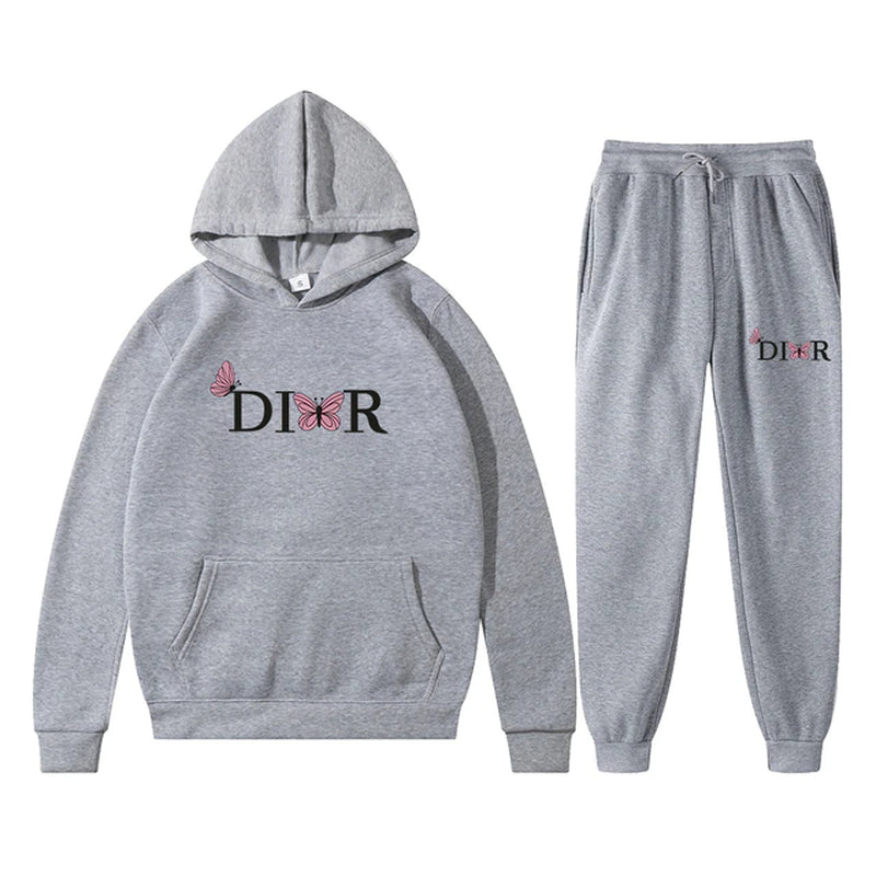 Couple Winter Butterfly Letter Printed Hoodie Tracksuit Men Women Elegant Brand Sweatshirt and Pants Fleece 2 Pic Set Clothing