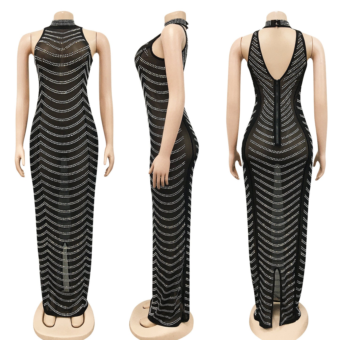 GX5259X Sexy Sleeveless Halter Nightclub Party Dress Backless Diamond Perspective Long Dresses Women