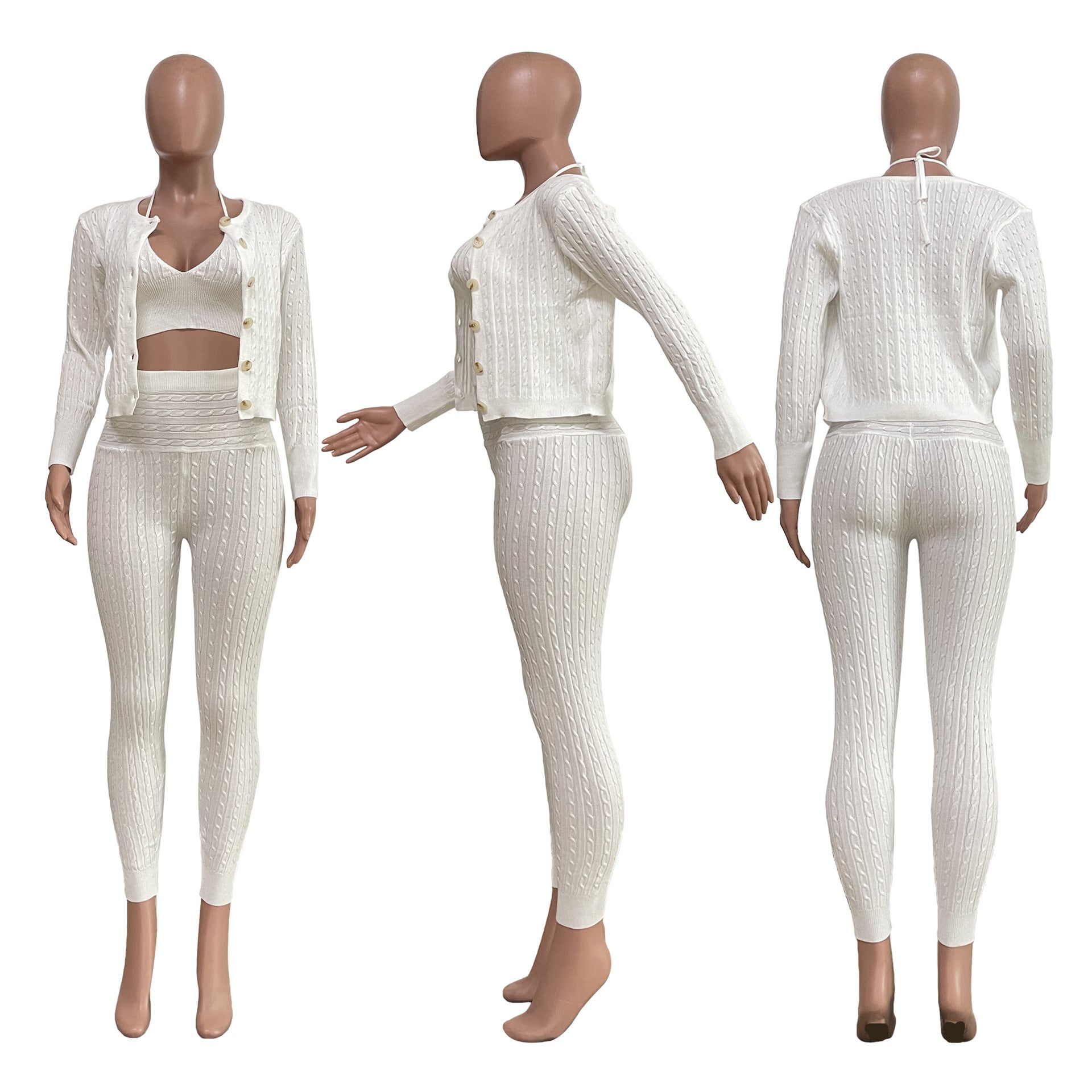 GX223 Female Autumn Winter Crop Top and Jacket with Pant 3 Piece Set Elegant Knit Sweater Casual Women Matching Suit