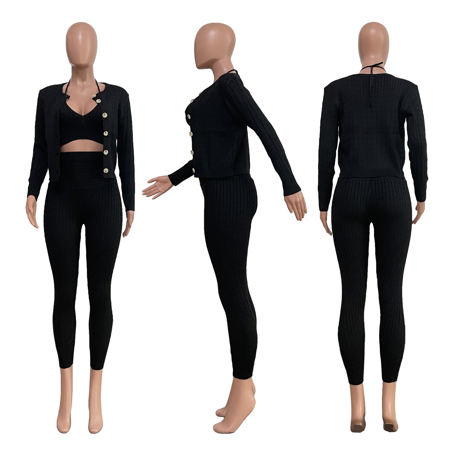 GX223 Female Autumn Winter Crop Top and Jacket with Pant 3 Piece Set Elegant Knit Sweater Casual Women Matching Suit