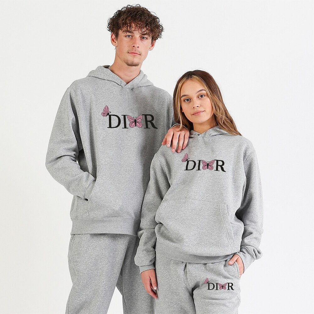 Couple Winter Butterfly Letter Printed Hoodie Tracksuit Men Women Elegant Brand Sweatshirt and Pants Fleece 2 Pic Set Clothing