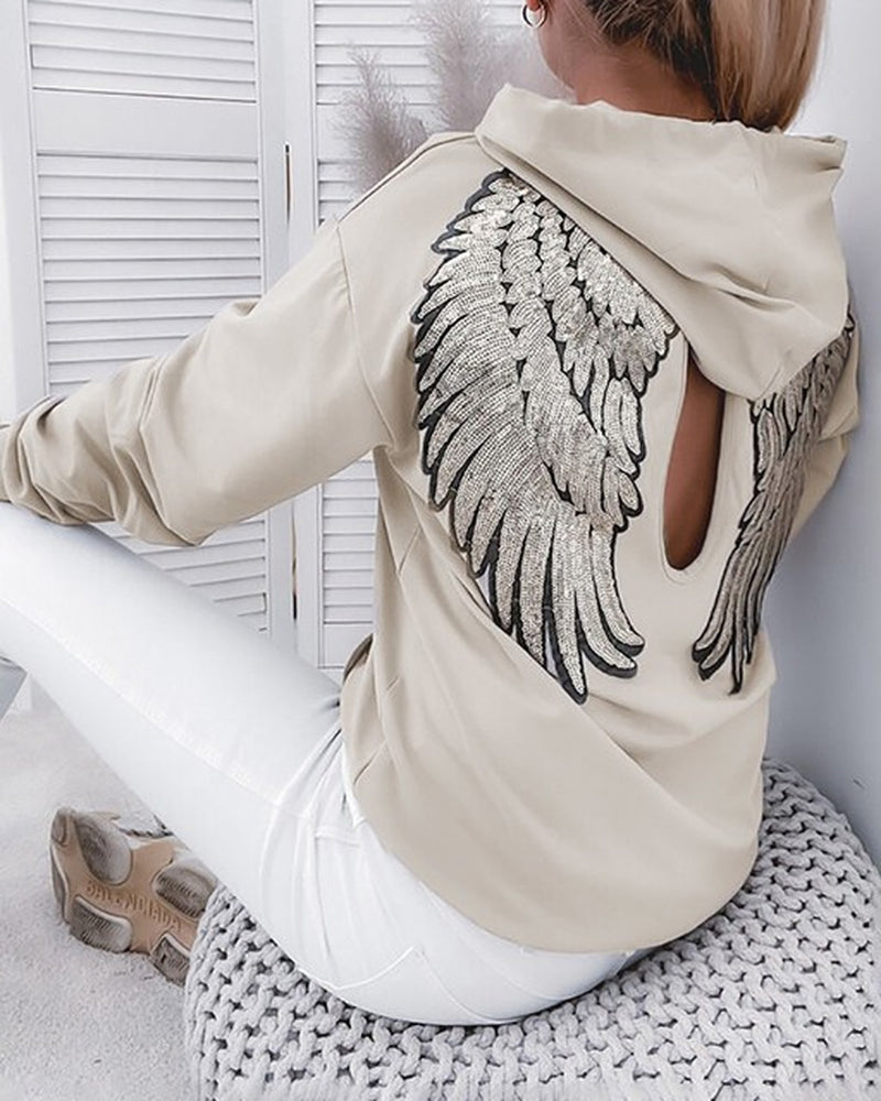 Women Sweatshirt Pullover Long Sleeve Fashion Sequin Wing Pattern Cutout Hooded Top Casual Hoodie Sweatshirts