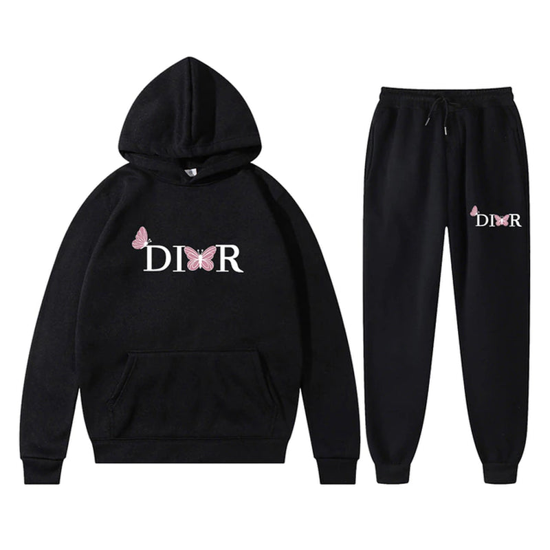 Couple Winter Butterfly Letter Printed Hoodie Tracksuit Men Women Elegant Brand Sweatshirt and Pants Fleece 2 Pic Set Clothing