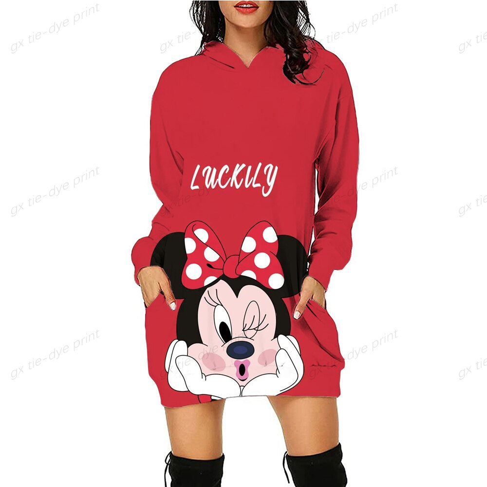 Minnie Mickey Mouse Women'S Dress 3D Dye Print Fashion Fall Winter Hoodie Casual Sexy Dress Loose Cartoon Kawaii Dress